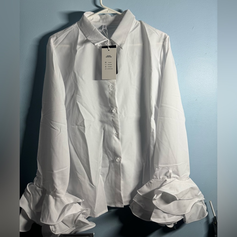 White Ruffle Sleeve Button-Up Shirt